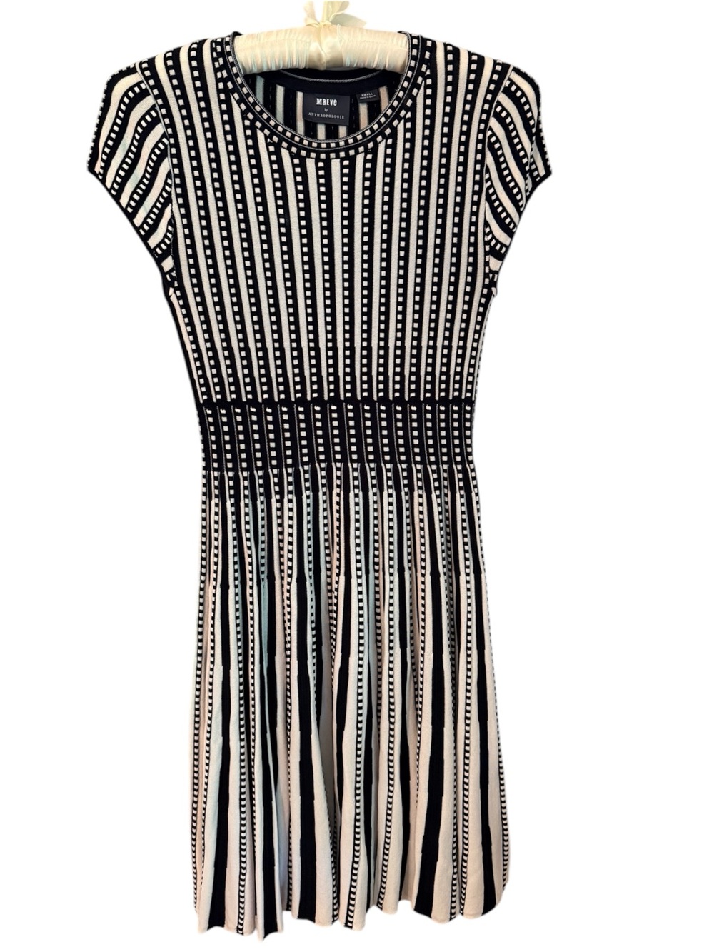 Maeve Anthropologie Black White Striped Knit Fit Flare Dress S